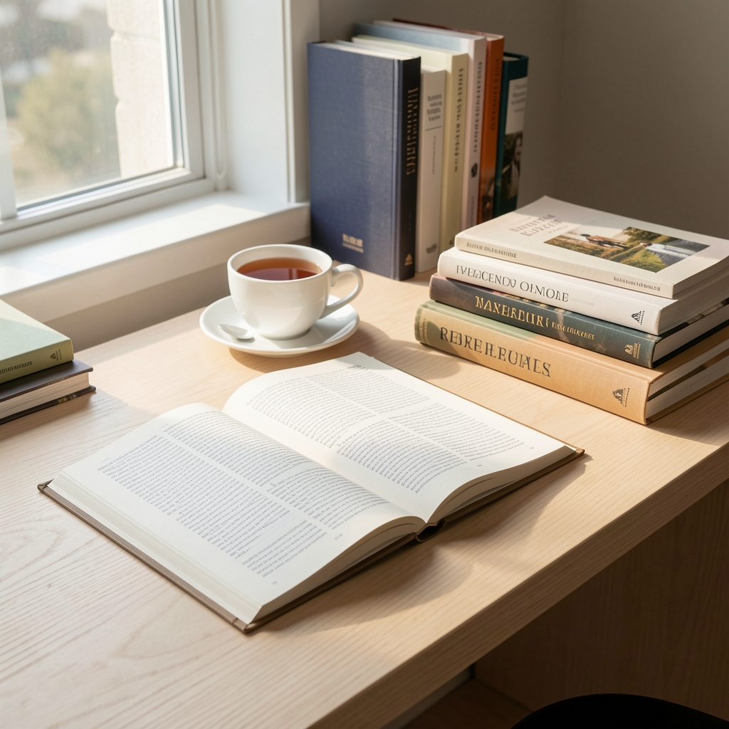 Editorial workspace: open journal, cup of tea, and reference books on a pale wooden desk in natural morning light