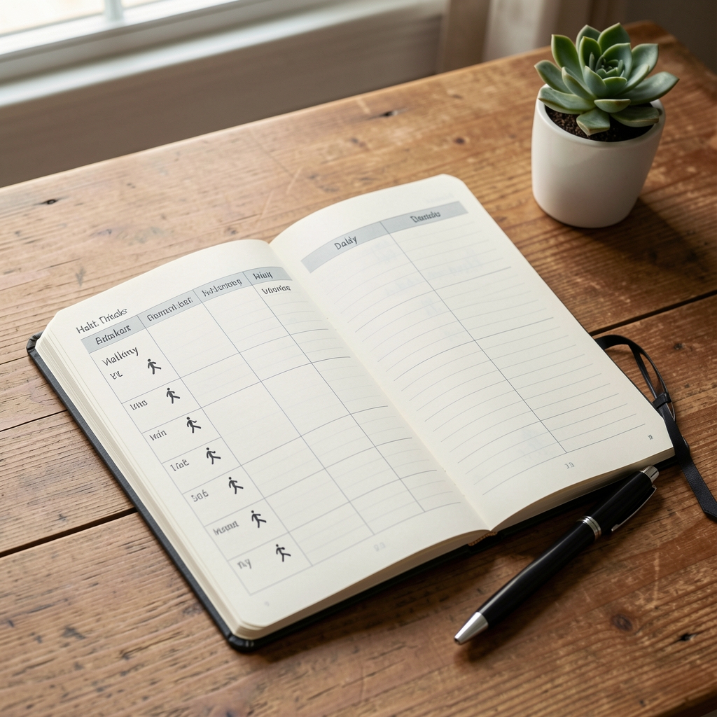 Notebook open to a habit tracker with daily walking entries, lying on a wooden desk beside a pen and small plant, natural daylight