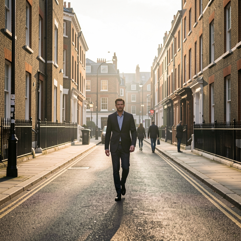 Person walking on a quiet London street in soft early morning light, editorial street photography with long shadows
