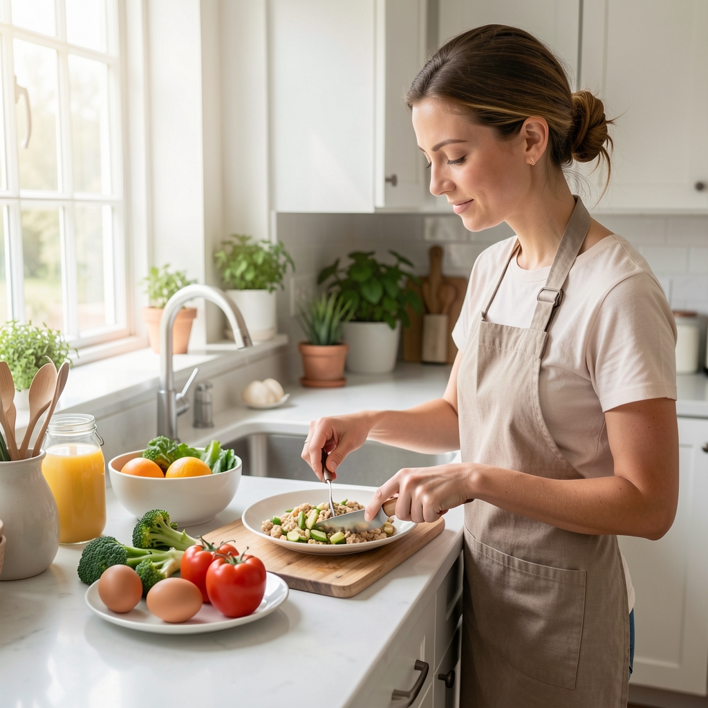 Person preparing a balanced morning meal in a bright kitchen, eggs and vegetables on the counter, editorial daylight photography