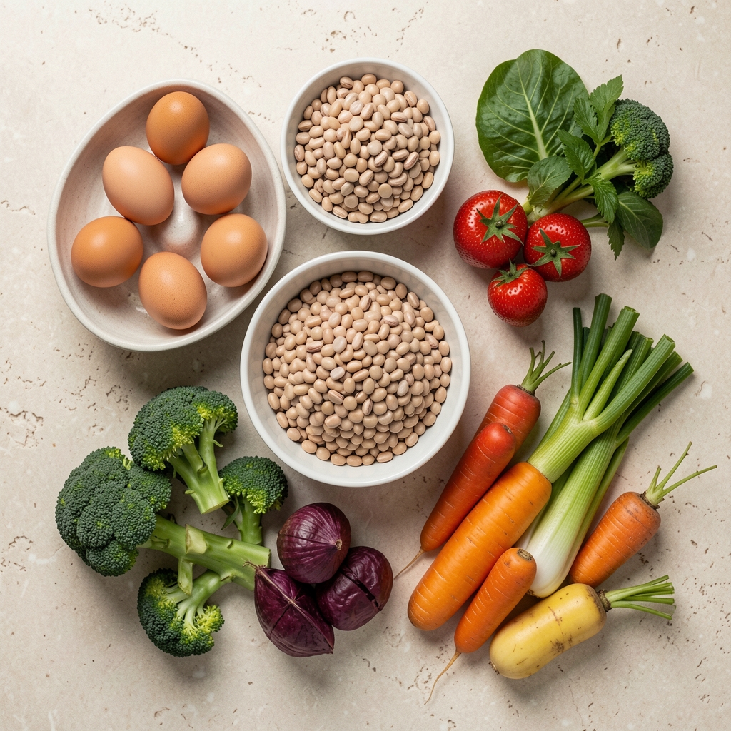 Neatly arranged whole foods including eggs, legumes, and colourful vegetables on a pale stone surface, editorial overhead flat lay