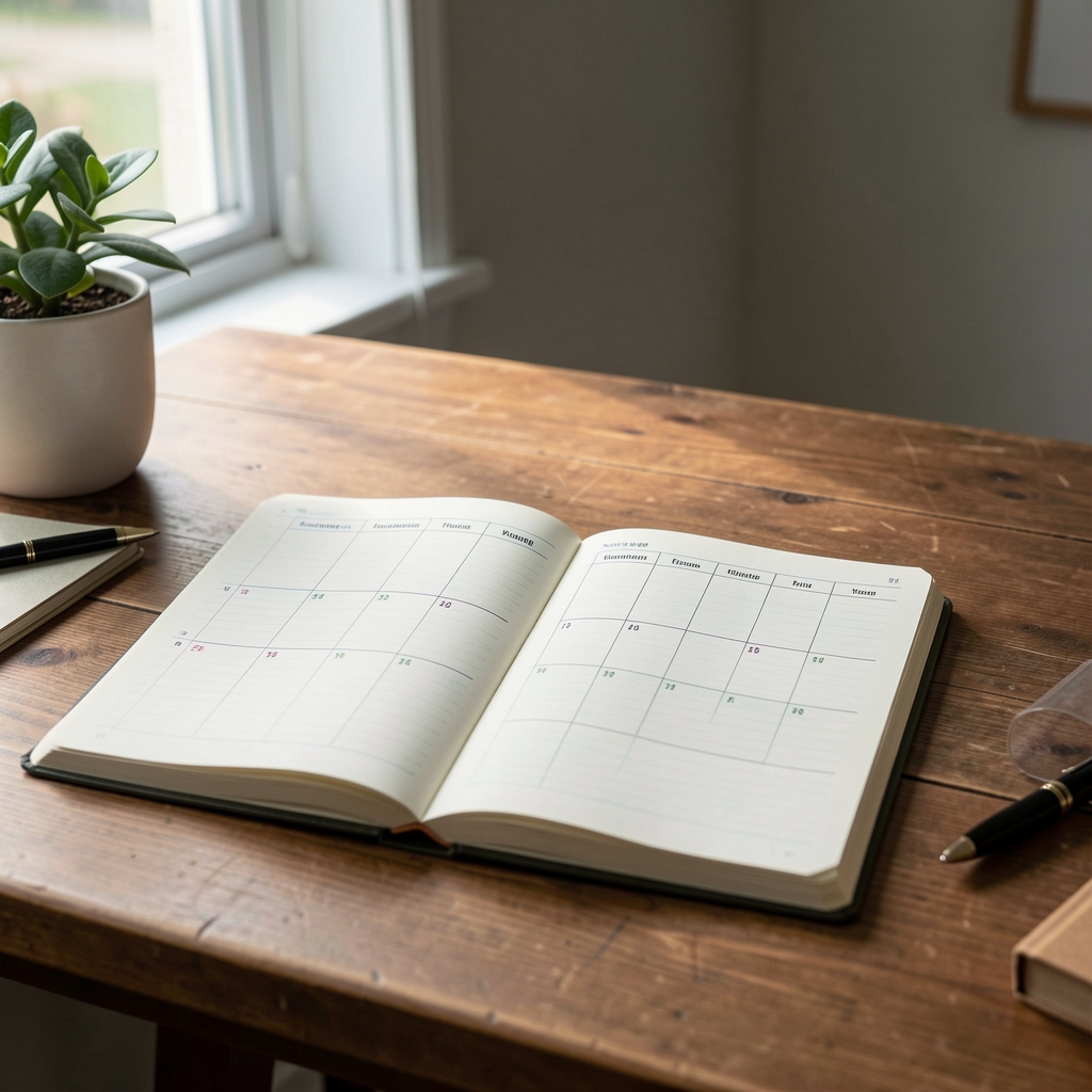 Notebook with habit tracker open on desk, natural light, morning stillness