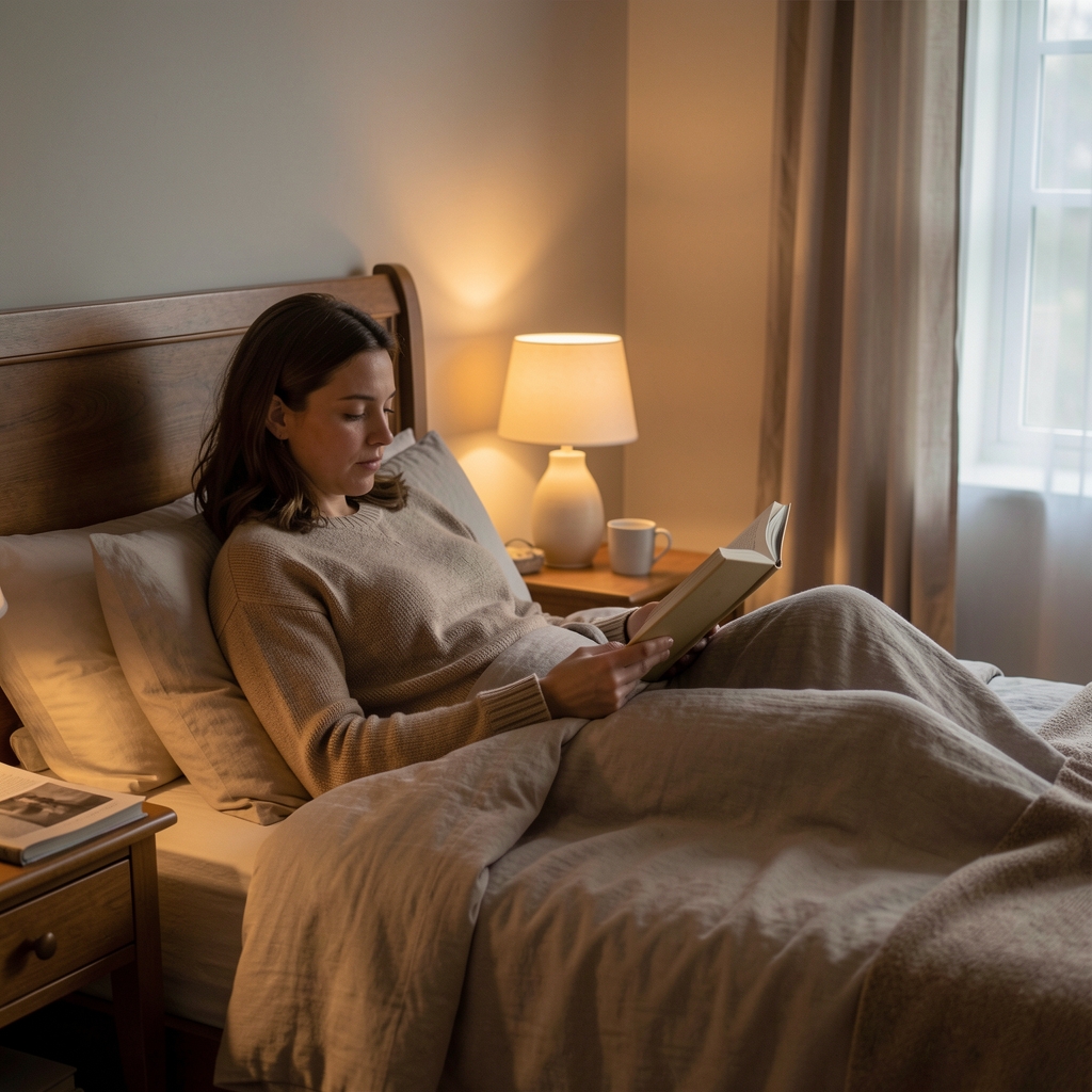 Person reading in bed with a dim lamp, cosy bedroom setting suggesting restful evening routine, editorial photography
