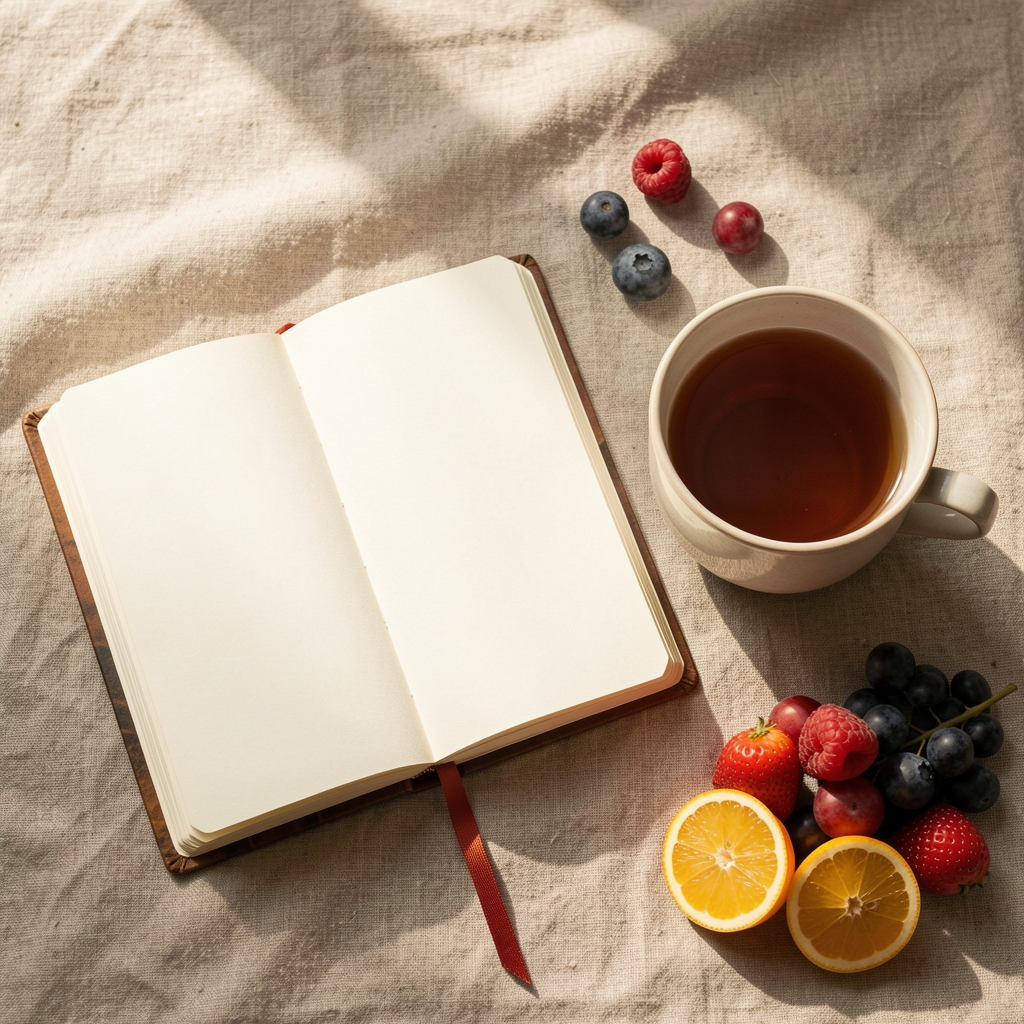 Open habit journal beside a cup of tea and seasonal fruit on a warm linen surface, natural morning light, editorial overhead