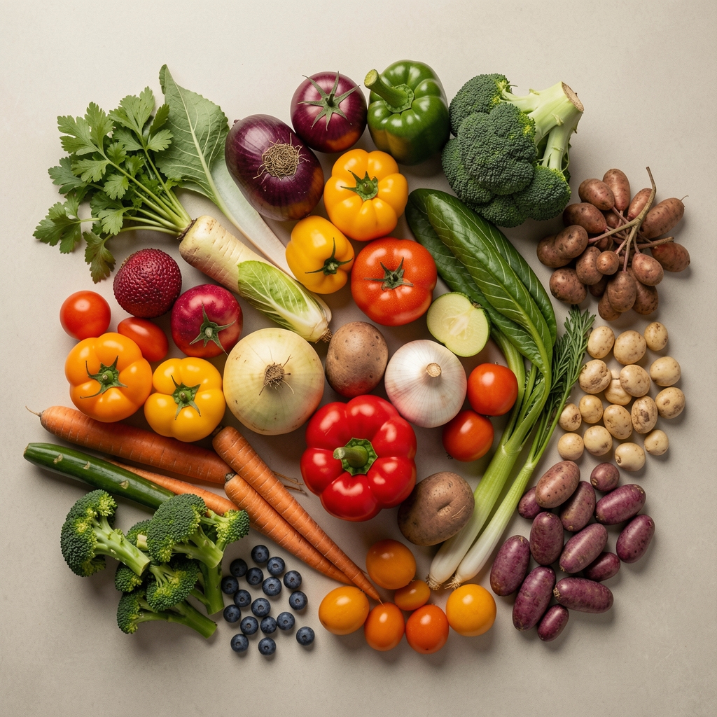 Colourful vegetables and legumes arranged on a neutral surface, overhead editorial photography